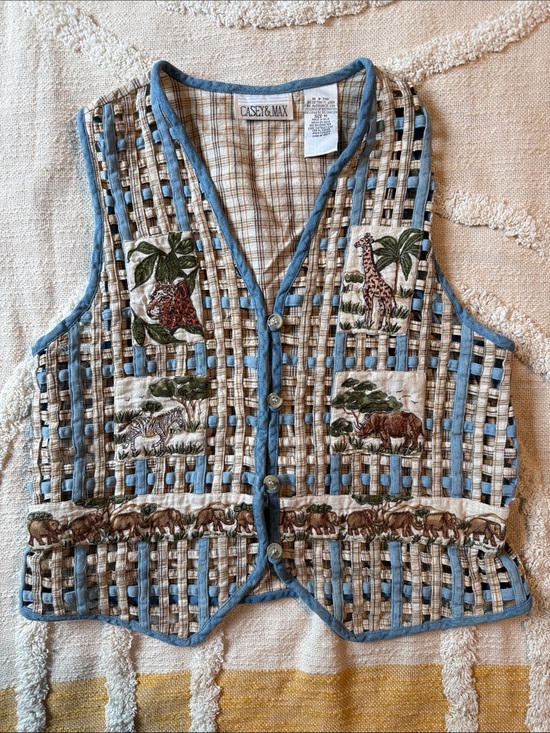 Casey & Max Jackets & Blazers - Casey & Max Whimsical Quilted Safari Animal Patchwork Vest - Blue & Beige